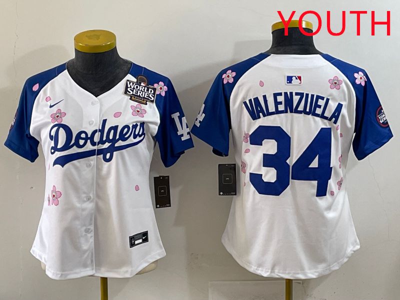 Youth Los Angeles Dodgers #34 Valenzuela White Blue Sakura Edition 2025 Nike MLB Jersey style 35->youth mlb jersey->Youth Jersey